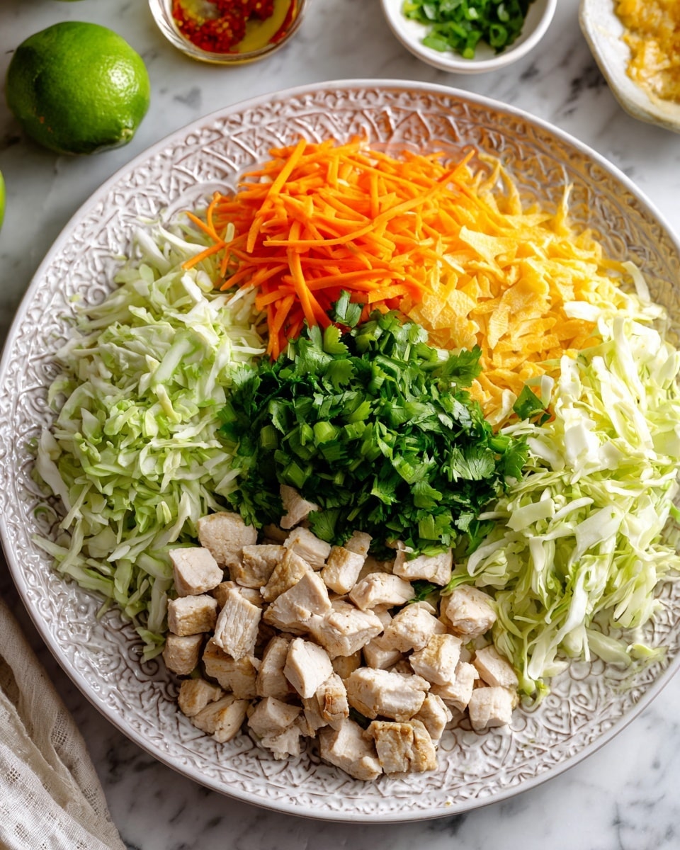 A large white plate with decorative patterns shows a colorful layered salad. At the bottom, there is a mix of shredded white cabbage and thin orange carrot strips spread across the layer. On top of this, diced cooked chicken pieces are placed on one side, with a pile of light green shredded vegetables on the opposite side. In the middle, there is a bright green layer of chopped scallions and fresh cilantro leaves stacked richly. The plate is set on a white marbled surface, with condiments and a lime visible in the background. Photo taken with an iphone --ar 4:5 --v 7