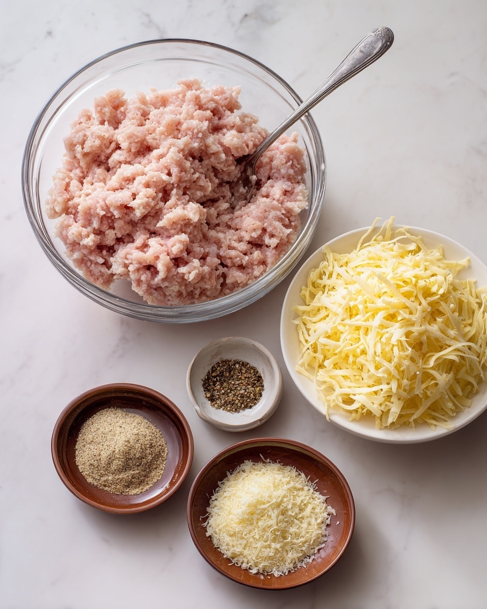A clear glass bowl sits on a white marbled surface, filled with raw ground meat that has a pale pink color and a soft, slightly chunky texture; a spoon is resting inside the bowl. To the right, there is a white bowl filled with a pile of yellow shredded cheese, soft and curly in texture. Below it, a small brown bowl holds finely grated parmesan cheese, pale off-white in color and powdery in texture. Above the cheese bowls, another small brown bowl contains four sections of spices: light pink salt, black pepper, and light yellow garlic powder, all finely ground and separated by visible lines. The setup is simple and organized, with a bright, clean look. photo taken with an iphone --ar 4:5 --v 7