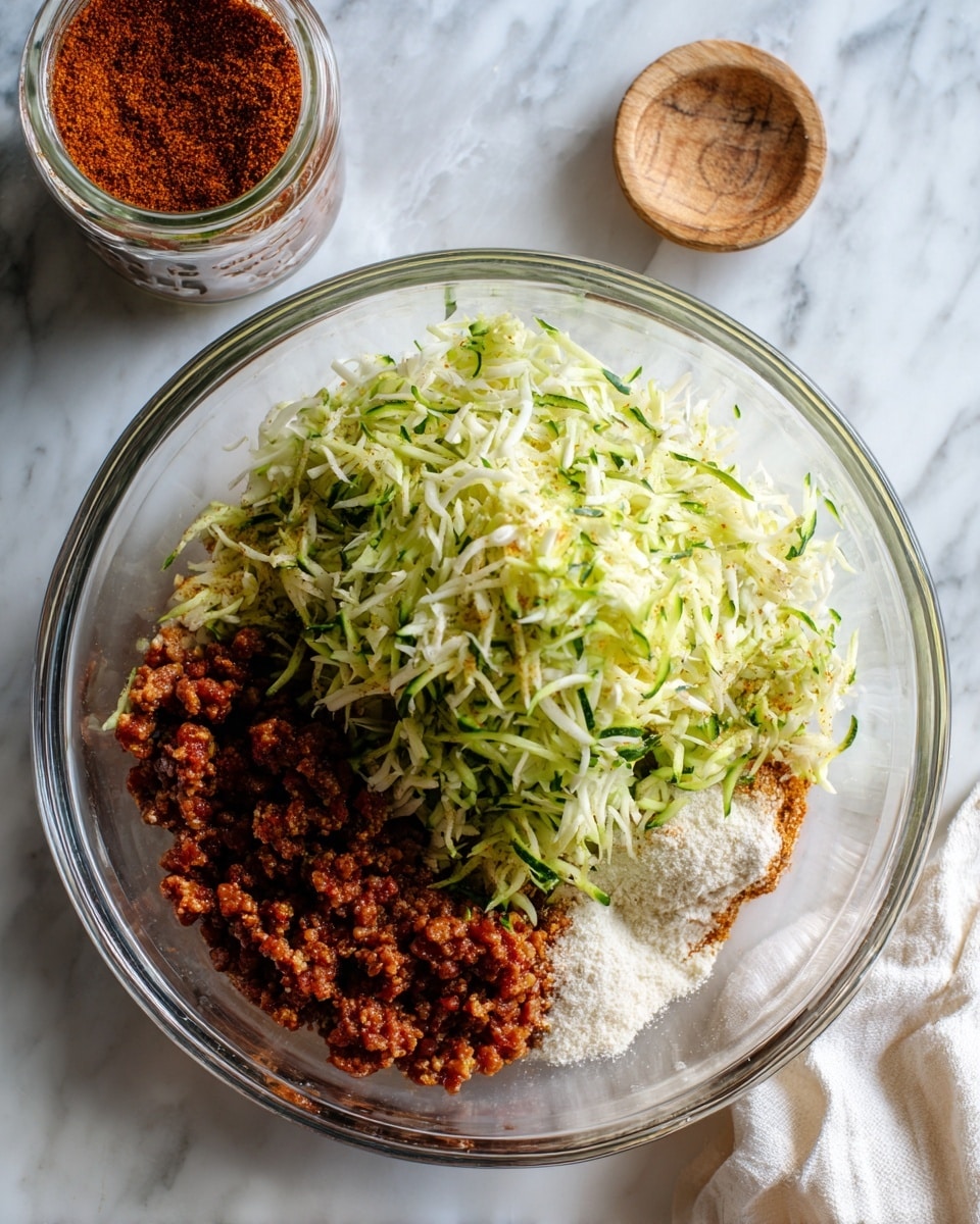 A clear glass bowl placed on a white marbled surface holds several layers of ingredients. The bottom layer consists of pink ground meat with a small quantity on one side and a larger amount mixed with a light reddish-brown spice powder covering most of the meat’s surface. On top of the meat, there is a pile of shredded green and white zucchini, showing a soft, moist texture that contrasts with the dry powder. To the side, a small amount of white flour or similar powder is sprinkled over the meat and spice mixture. Nearby is a glass jar filled with reddish-brown spice blend, its open top showing fine powder inside. A white cloth is partially visible in the bottom right corner of the image. Photo taken with an iphone --ar 4:5 --v 7