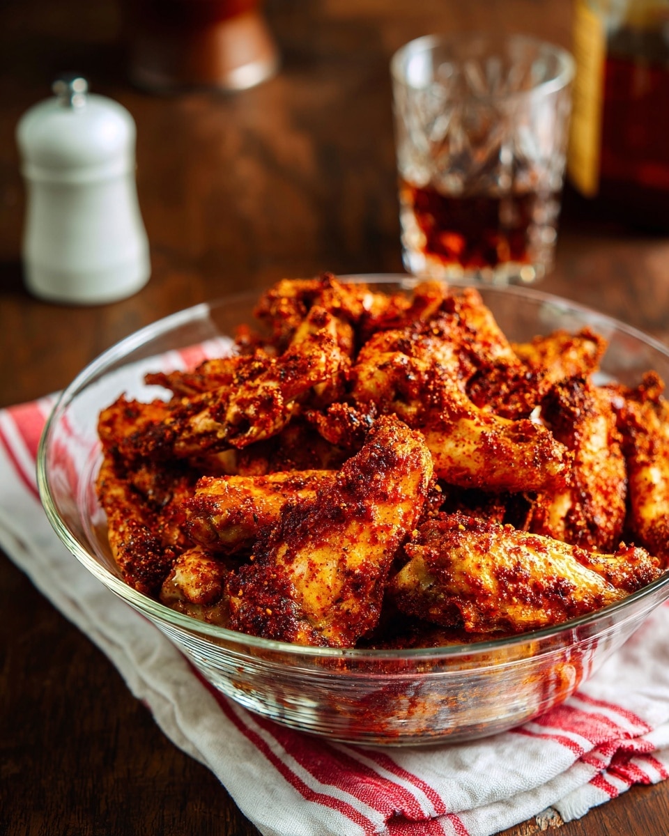 A large clear glass bowl is filled with many raw chicken wings covered in a red spice mix, giving the wings a textured appearance with spots of reddish and brown seasonings. The bowl is placed on a white and red striped cloth that partially covers a rich dark wooden surface. In the background, there is a round white marble shaker with a lid, a tall clear textured glass filled with a dark liquid, and a brown bottle with a label and a metal cap. Photo taken with an iphone --ar 4:5 --v 7