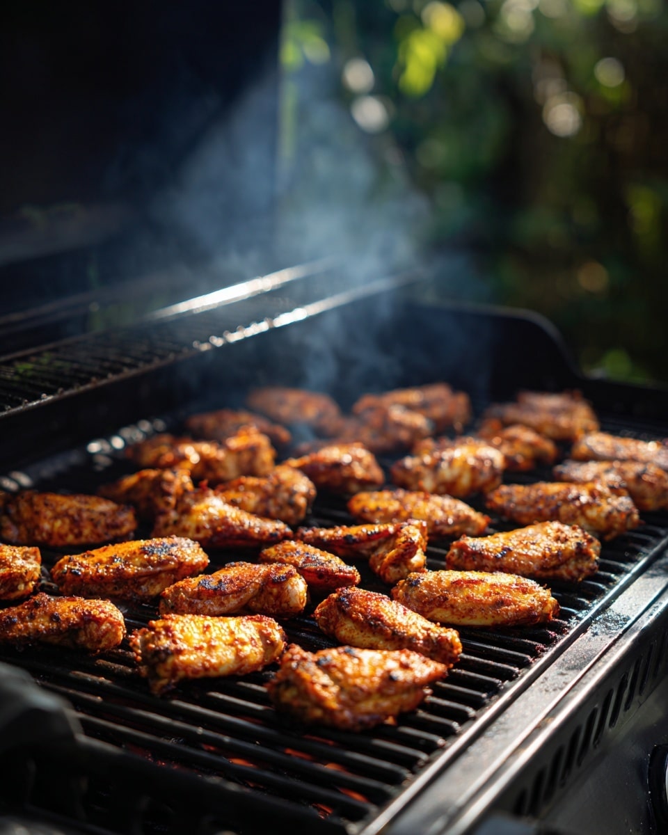 A grill filled with about 25 pieces of marinated chicken wings spread evenly across the black metal grill grates, with some wings showing a golden brown sear and light char marks indicating cooking in progress. The wings have a textured, seasoned surface with colors ranging from pale to deep reddish-brown, glowing slightly under sunlight. The grill lid is open, showing a dark, matte black interior, and there is bright natural light coming from the background, emphasizing the chicken's color and texture. The setup is outdoors with some green blurred in the background, and smoke gently rising from the grill. Photo taken with an iphone --ar 4:5 --v 7
