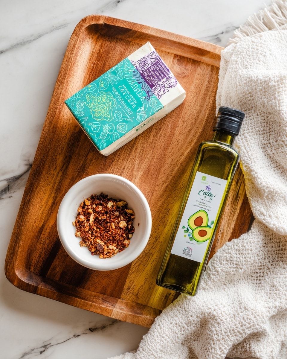 A wooden cutting board holds three items on a white marbled surface: a boxed package of cream cheese with a teal and purple design, a small white bowl filled with a reddish-brown spice mix with varied textures, and a green glass bottle of avocado oil labeled with a bright avocado illustration, resting partially on a white textured cloth. The arrangement creates warm natural tones of wood, white, green, and reddish accents. Photo taken with an iphone --ar 4:5 --v 7