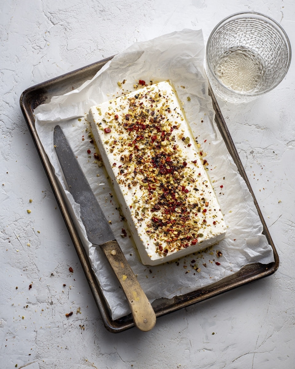 The image shows a rectangular block of white creamy cheese on a sheet of white parchment paper placed on a baking tray with a dark metal edge. The cheese is covered with a layer of finely crushed spices in red, brown, and green tones sprinkled all over the top. Around the tray, there is a silver knife placed diagonally with a textured clear glass cup beside it. The background surface is a white marbled texture, giving a clean and simple look. Photo taken with an iphone --ar 4:5 --v 7