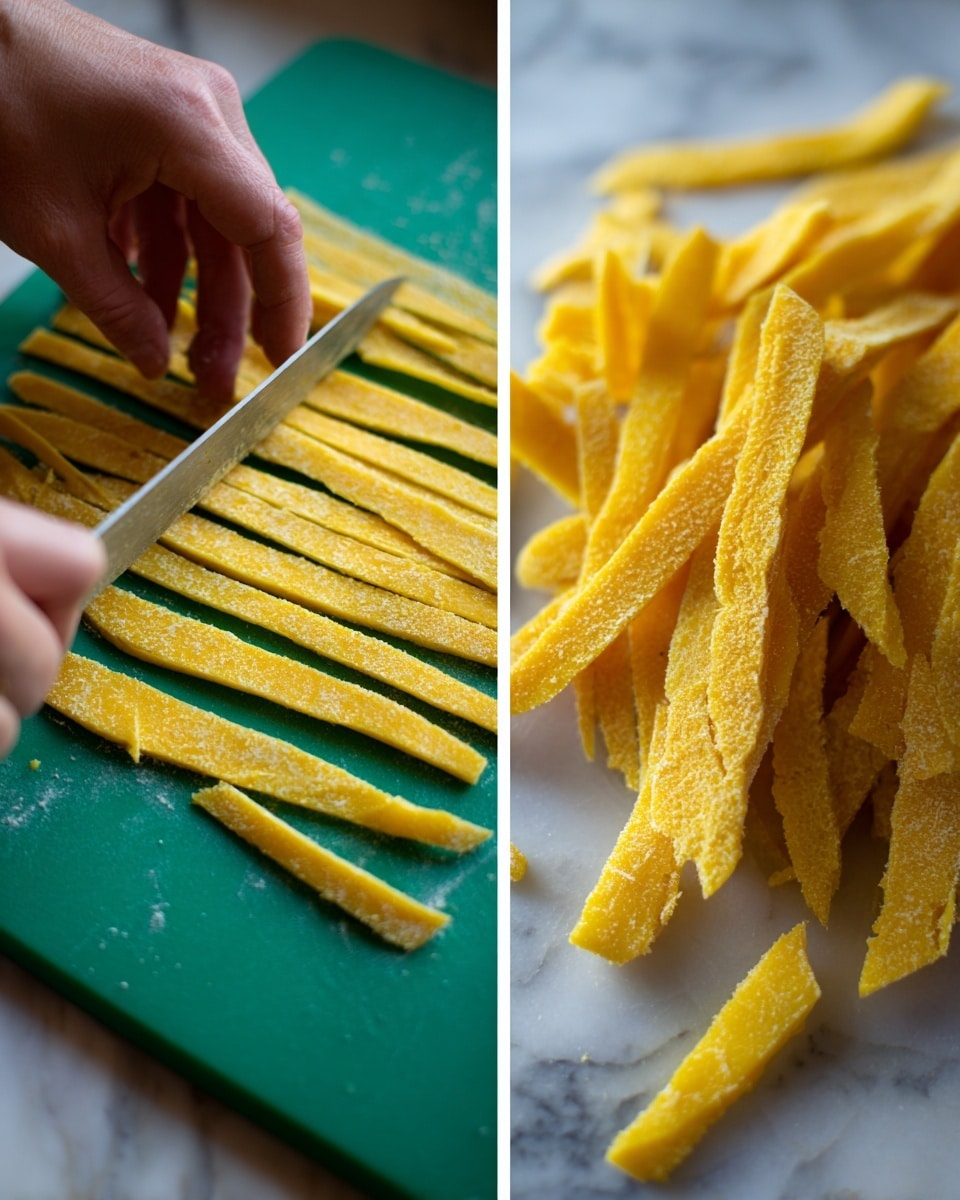 The image shows two close-up views of dough being sliced. On the left, a woman's hand is using a knife to slice the dough into long, thin yellow strips with a rough texture, all placed neatly on a green cutting board. On the right, the dough strips are laid out in scattered irregular shapes on a white marbled surface, showing a similar yellow color and rough texture, ready for the next step. Photo taken with an iphone --ar 4:5 --v 7