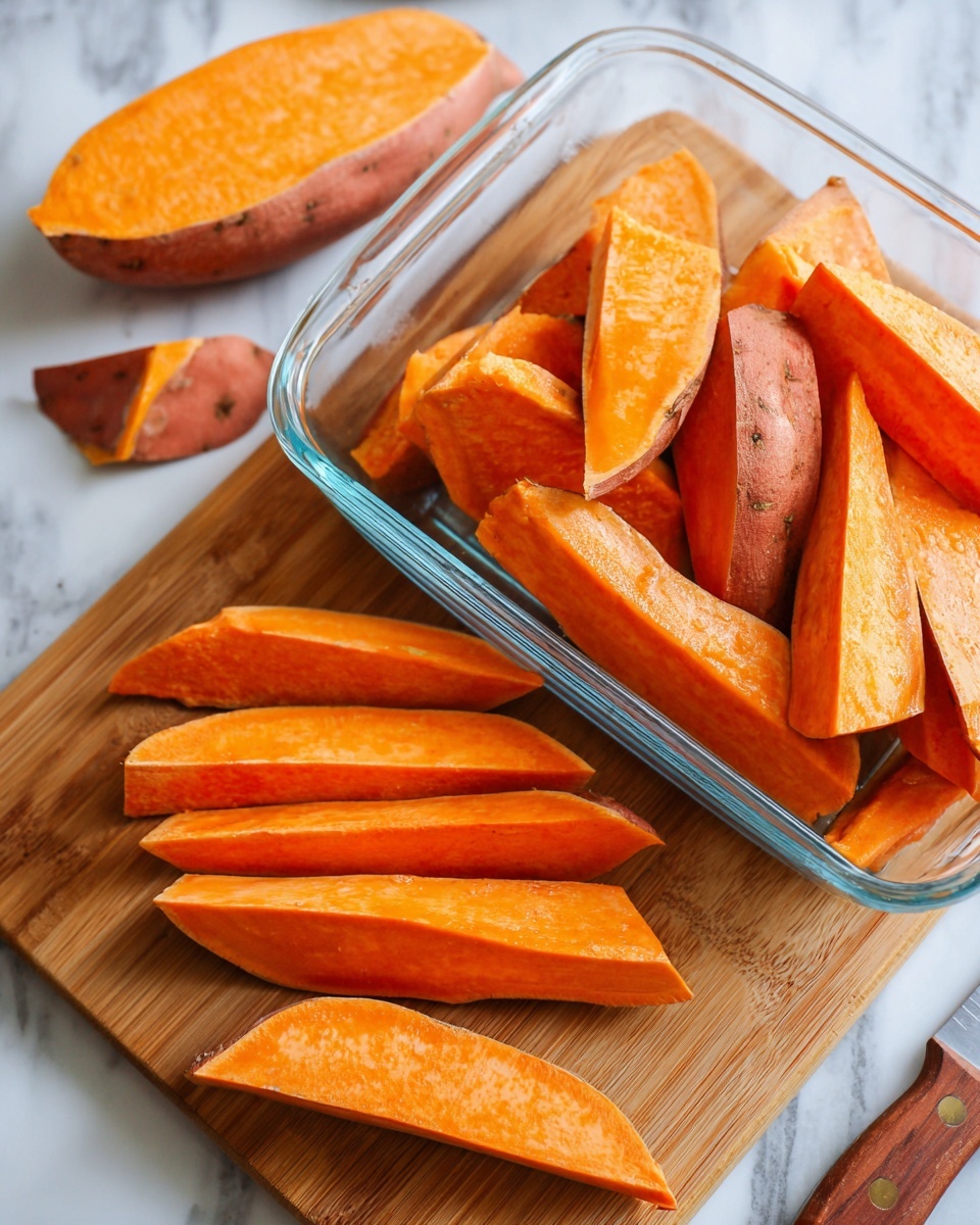 The image shows a wooden cutting board with bright orange sweet potato wedges in two layers: the bottom layer has large wedges inside a clear glass baking dish, and the top layer has more wedges placed directly on the cutting board in front of the dish. The sweet potato pieces have smooth, dense textures with a shiny surface on the inside and darker skin on the outside, some pieces showing the reddish-brown skin still attached. A partially sliced sweet potato lies on the left side of the board, and a knife is visible at the bottom right corner. The background is a white marbled surface. Photo taken with an iphone --ar 4:5 --v 7