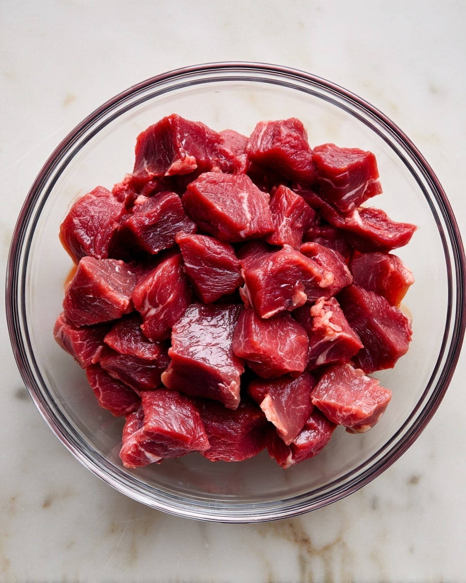 A clear glass bowl sits on a white marbled surface, filled with small, evenly cut chunks of raw red meat. The meat pieces have a slightly shiny, moist texture and deep reddish color, arranged loosely but filling the bowl. The image is taken from above, showing the bowl's round shape and transparency clearly. photo taken with an iphone --ar 4:5 --v 7