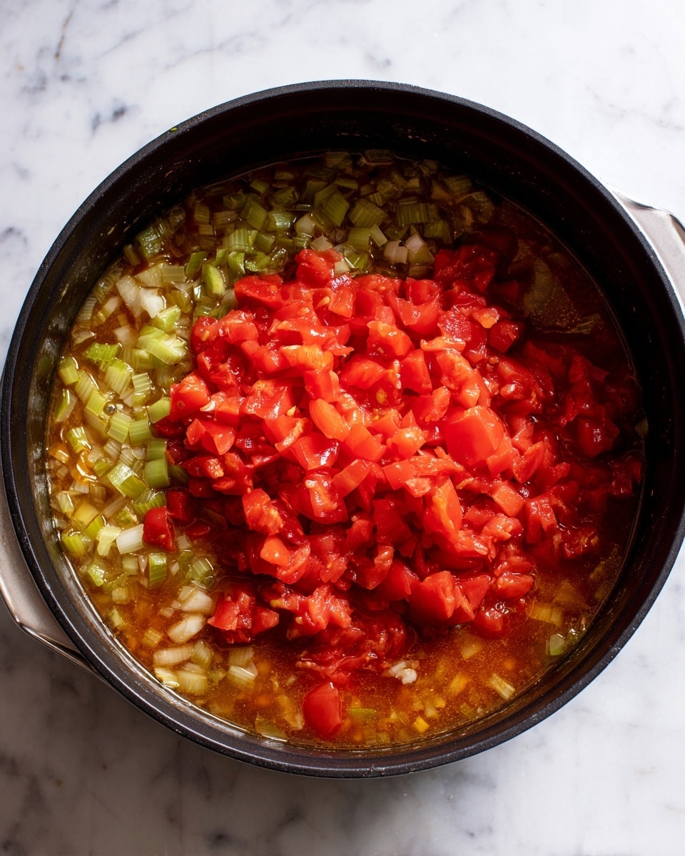 The image shows a black cooking pot filled with a mix of ingredients. At the bottom, there is a layer of chopped onions and celery with light green and white colors in a watery, oily brown broth. On top of this is a thick layer of bright red diced tomatoes, covering most of the center of the pot. The pot is placed on a white marbled surface, and the photo is taken from directly above. photo taken with an iphone --ar 4:5 --v 7