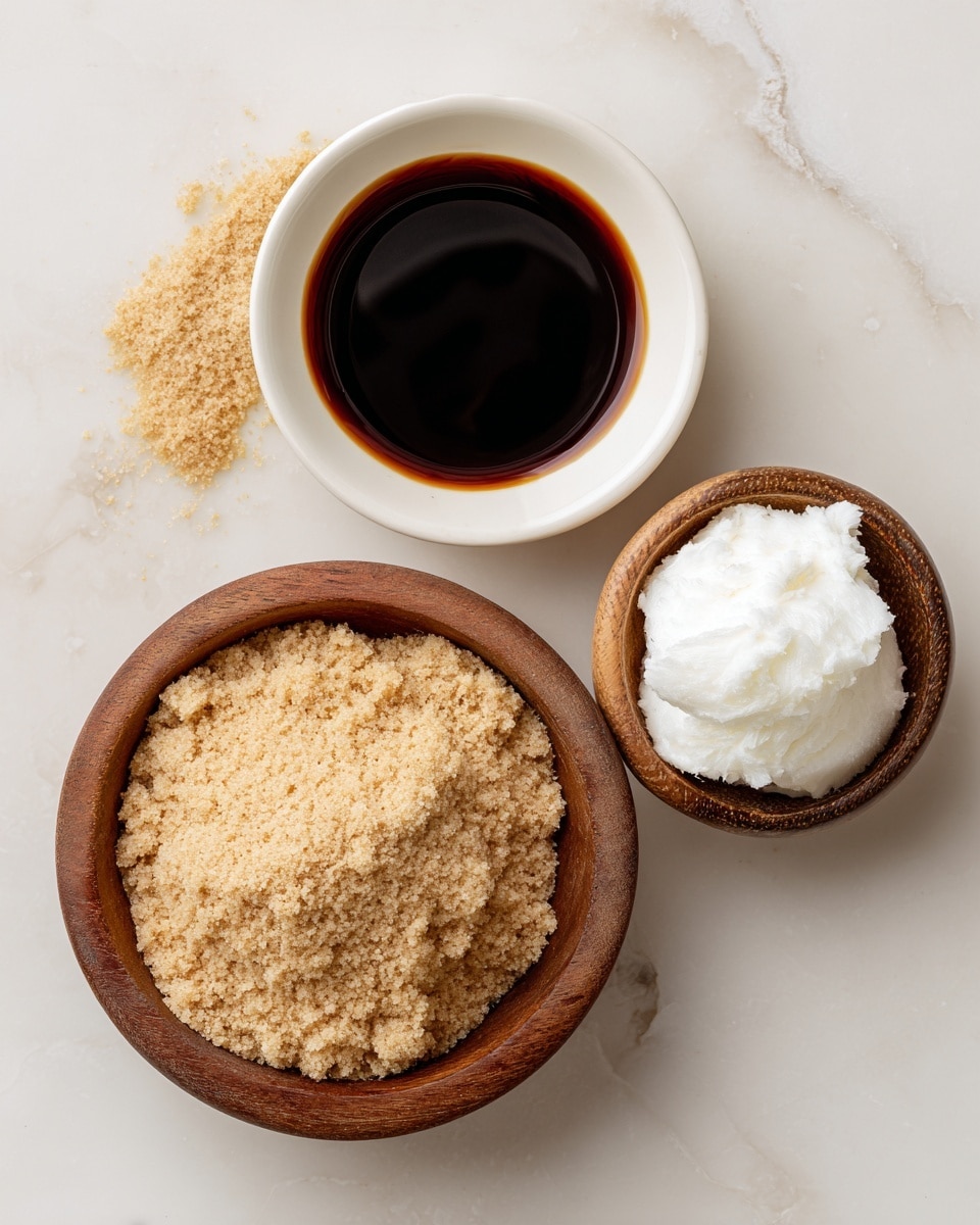 The image shows three small bowls on a white marbled surface. The largest bowl is wooden and filled with light brown, crumbly brown sugar piled high with a rough texture. To its right is another wooden bowl filled with white, soft, and fluffy coconut oil that looks smooth and creamy. Above and between these two bowls is a small white bowl holding a dark brown liquid, likely soy sauce, with a smooth shiny surface and a small spill on the marbled surface near it. photo taken with an iphone --ar 4:5 --v 7