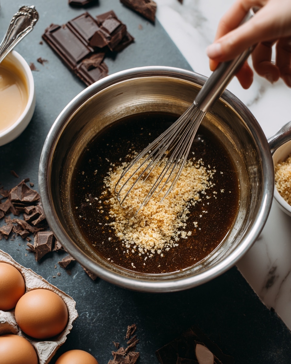 A close-up view shows a metal mixing bowl with a dark brown liquid inside, and a whisk resting in the bowl. A woman's hand is pouring light brown granules from a shiny metal measuring cup into the bowl, creating a small pile in the center. The bowl sits on a dark surface with scattered dark chocolate pieces to the left and a light brown egg in a white carton at the bottom left corner. A small white bowl with light brown thick cream or sauce and a spoon is partially visible on the upper left. The background is a white marbled texture. Photo taken with an iphone --ar 4:5 --v 7