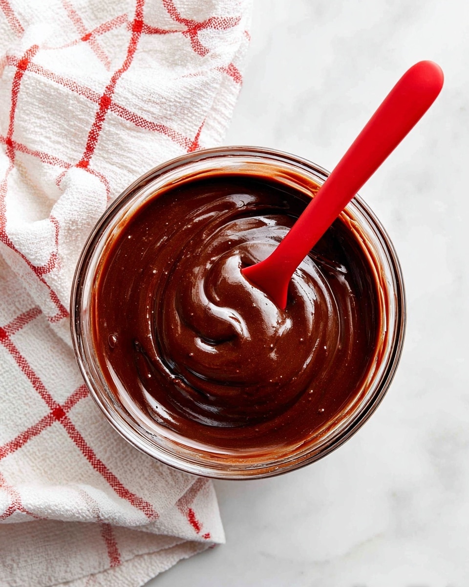 A clear glass bowl filled with smooth, thick, dark brown chocolate sauce is shown, with a red spatula resting inside the bowl slightly coated in the sauce. The sauce has a glossy, shiny texture with some gentle swirls on the surface. The bowl is placed on a white marbled surface next to a white cloth with red checkered lines. The setting is bright and clean. photo taken with an iphone --ar 4:5 --v 7