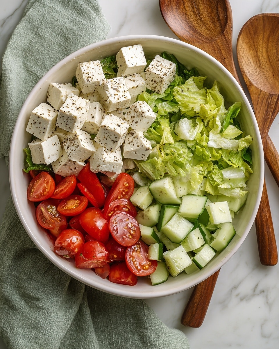 A white bowl filled with a fresh salad showing four separate sections of ingredients: top left has white cubes of tofu speckled with black pepper, top right has chopped green lettuce, bottom right has bright red cherry tomatoes cut in halves, and bottom left has pale green chopped cucumber pieces. The bowl is placed on a white marbled surface with a green cloth and wooden salad spoons resting nearby. photo taken with an iphone --ar 4:5 --v 7