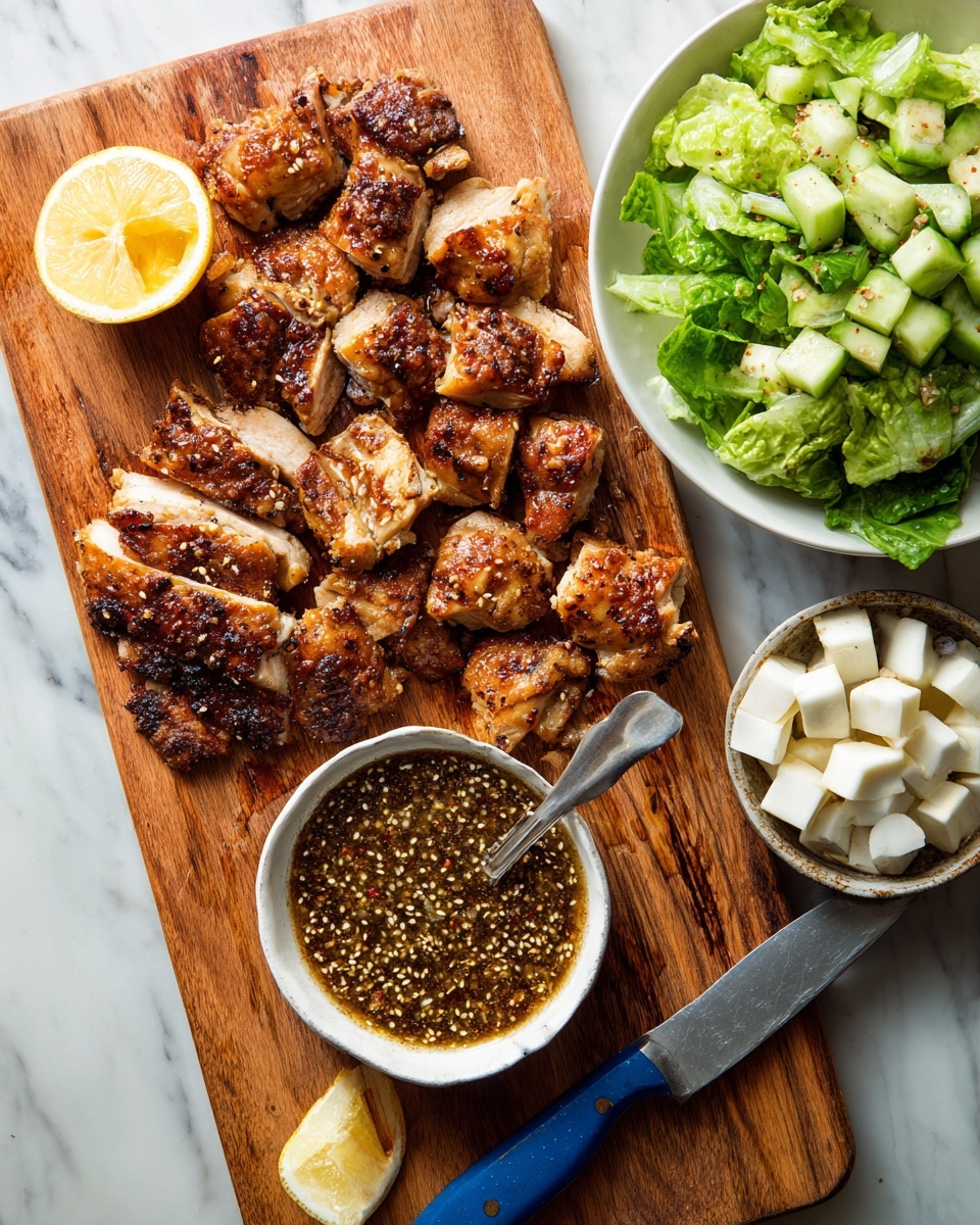 A wooden board holds many small pieces of cooked chicken with a browned, seasoned surface, and one larger piece of chicken on the side. A white bowl filled with greenish-brown sauce mixed with sesame seeds sits on the board, with a spoon standing in it. A blue-handled knife rests on the bottom right of the board. On the top right, a white bowl contains chopped light green lettuce, small cubes of white cheese, and green cucumber pieces. Half a squeezed lemon is placed on the left side of the board. The surface underneath is a white marbled texture. photo taken with an iphone --ar 4:5 --v 7