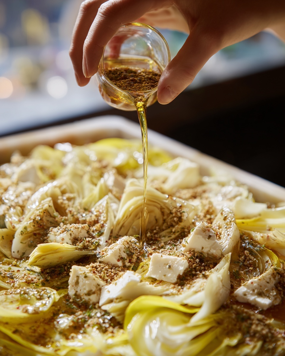 The image shows a close-up of a white marbled surface with thin, semi-translucent slices of yellow squash spread out in a loose layer, topped with scattered chunks of soft white cheese. On top of these layers, there are artichoke pieces with a pale greenish color mixed in. A woman's hand is seen pouring a liquid with herbs and spices over the ingredients, creating a glossy texture on the squash and artichokes. Photo taken with an iphone --ar 4:5 --v 7