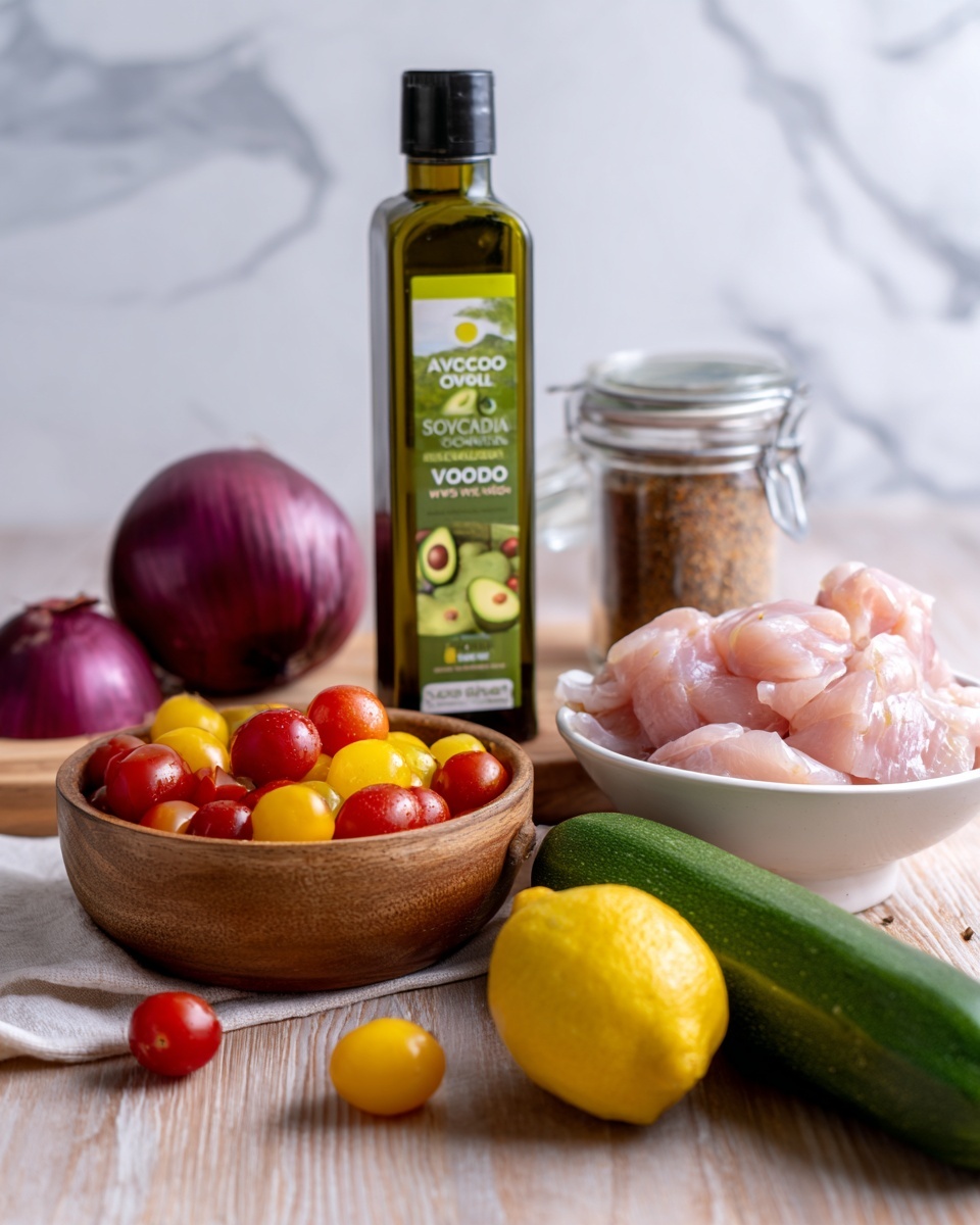 The image shows a variety of fresh ingredients arranged on a light wooden surface with a white marbled background. On the left, there is a whole purple onion next to a wooden bowl filled with small red and yellow cherry tomatoes. Behind the bowl is a tall green bottle of avocado oil with a label featuring an avocado picture. Next to the bottle, a glass jar with a silver lid contains a brown spice powder. Toward the right side, a whole green zucchini lies in front of a bright yellow lemon. On the far right, there is a white bowl filled with raw, pale pink sliced meat pieces. The arrangement is neat and colorful, giving a fresh and natural feel. Photo taken with an iphone --ar 4:5 --v 7