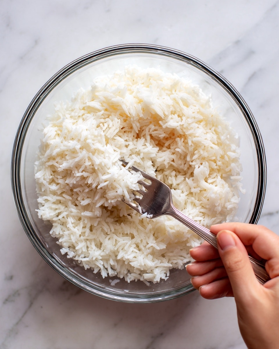 A clear glass bowl filled with a single layer of soft, fluffy white rice is centered in the image. A woman's hand holding a silver fork stirs the rice, gently lifting some grains. The rice has a slightly sticky texture, and the background shows a white marbled surface blurred beneath the bowl. photo taken with an iphone --ar 4:5 --v 7