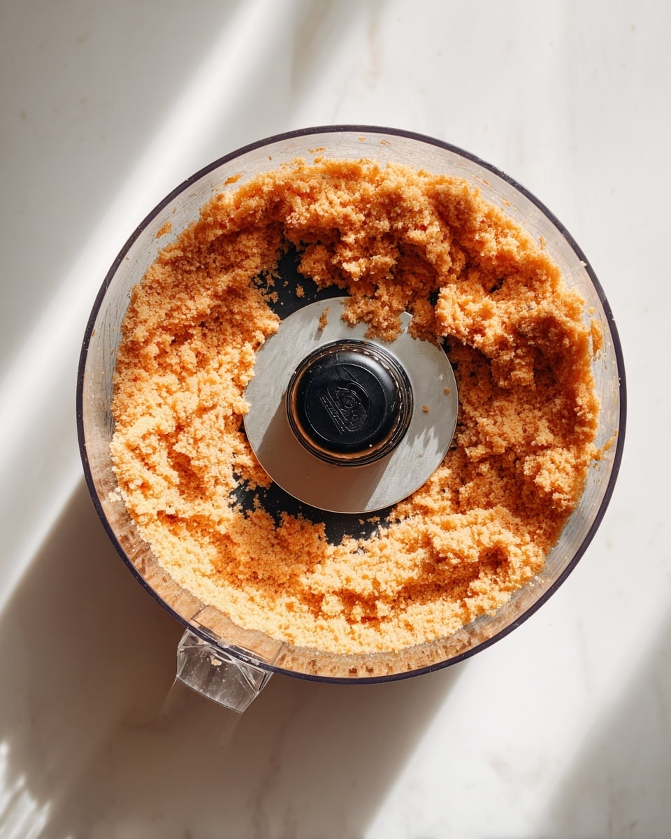 The image shows a food processor bowl filled with a mixture that has a coarse, crumbly texture in light orange-beige color evenly spread around the center blade attachment. The blade is metallic with a black plastic top in the middle of the bowl. The food processor bowl is clear plastic with some bits of the mixture sticking to the sides. The whole setup is placed on a white marbled surface with soft light shining from above, creating a clean and bright scene. photo taken with an iphone --ar 4:5 --v 7