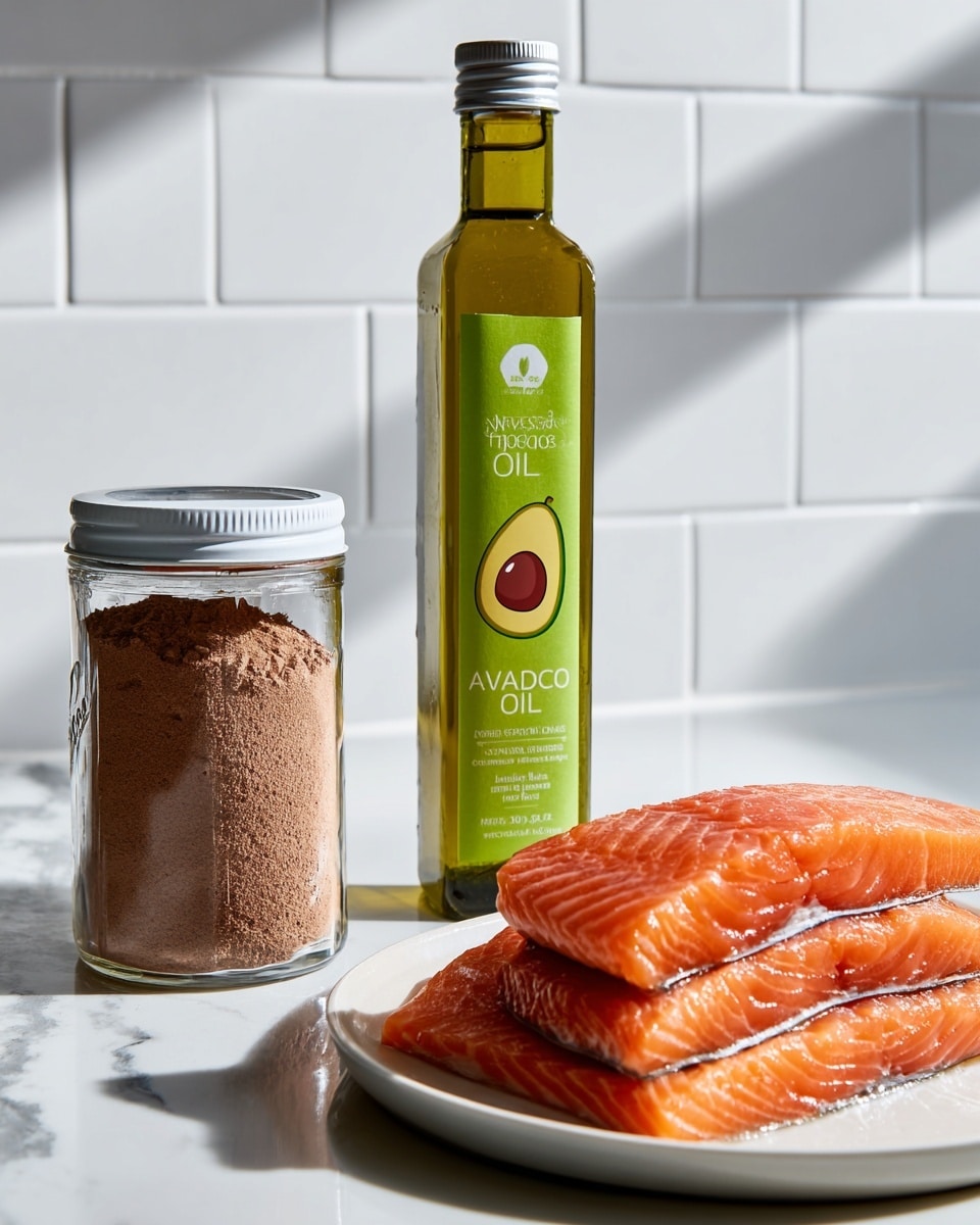 The image shows three main items arranged on a white marbled surface against a white tiled wall. On the left, there is a clear glass jar with a white lid, filled halfway with brown powder. In the middle, a tall, green glass bottle labeled