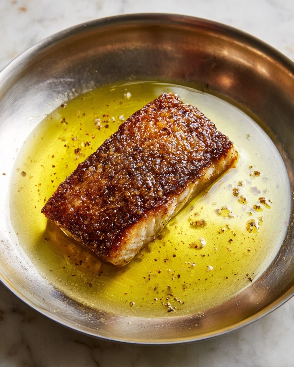 A single piece of cooked fish with a dark brown, crispy crust on top sits slightly off-center in a shiny silver pan filled with light yellow oil. The fish is rectangular and thick, showing a cooked interior around its crispy top layer. The pan has a few small bits of seasoning scattered in the oil, and the surface around the pan is a white marbled texture. The lighting highlights the shiny oil and the textured crust on the fish. photo taken with an iphone --ar 4:5 --v 7