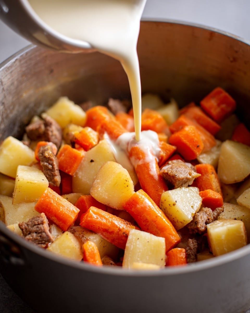 Inside a pot, thick white cream is being poured over chunky pieces of light brown-skinned potatoes and bright orange carrot slices mixed with small pieces of cooked meat. The potatoes have a soft, slightly browned texture, and the carrots look tender and smooth. The meat pieces are dark brown and mixed evenly under the vegetables. The pot’s inside surface is a dull metal gray. The scene has a close-up view showing the cream just about to touch the vegetables below. photo taken with an iphone --ar 4:5 --v 7