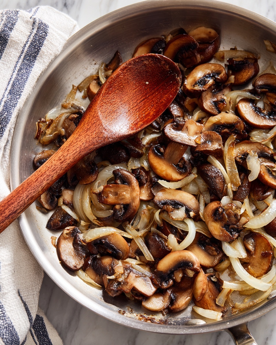 A close-up view of a shiny metal pan containing cooked sliced mushrooms and translucent sautéed onions, slightly browned and mixed together. The mushrooms are dark brown with lighter creamy edges and a soft texture, while the onions are pale and tender, spread unevenly around the pan, with some caramelized spots near the edges. A wooden spoon with a rich reddish-brown color rests partially on the sautéed mixture inside the pan. The background shows a white marbled surface with a folded white cloth that has thin blue stripes on the left side. photo taken with an iphone --ar 4:5 --v 7