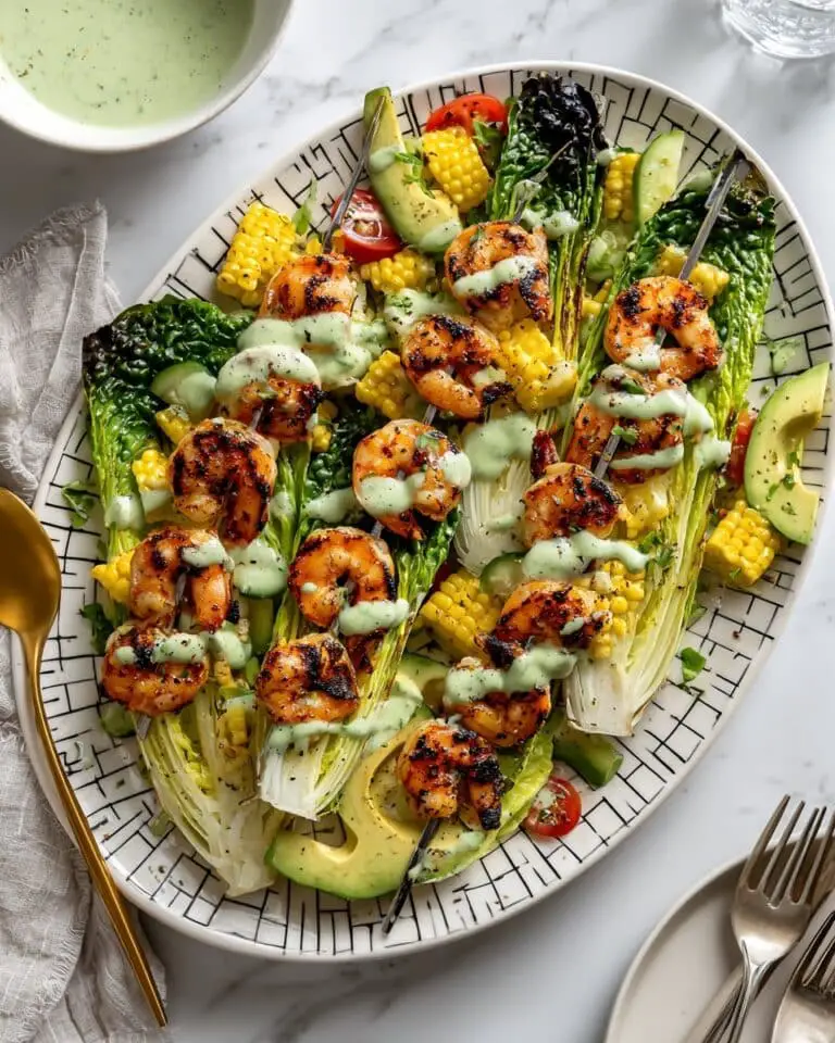 Grilled Shrimp Caesar Salad with Charred Corn and Avocado Recipe