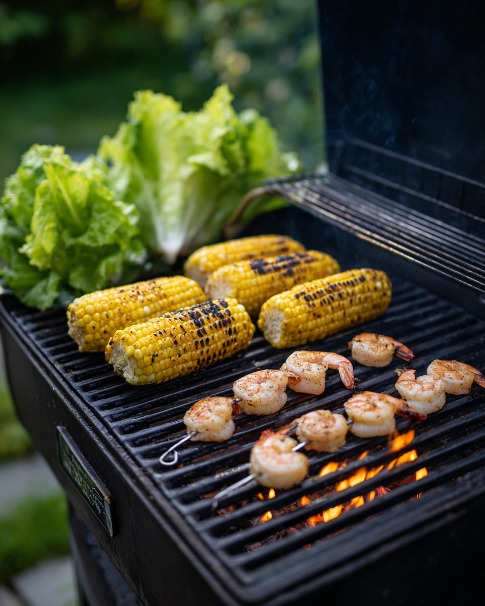 The image shows an open black grill with four ears of corn and two skewers of shrimp cooking on it. The corn is bright yellow with some light brown grill marks and is placed horizontally near the back of the grill. The shrimp are light pink with slight char marks and are threaded closely together on two metal skewers, positioned near the front of the grill. Flames and heat are visible beneath the grill grate, and a bunch of green leafy lettuce is placed on the white marbled surface to the side of the grill. The setting is outdoors with greenery blurred in the background. photo taken with an iphone --ar 4:5 --v 7