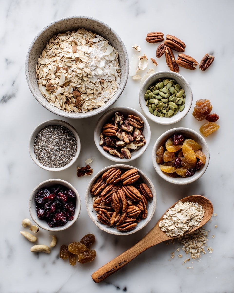 A white bowl with a brown rim holds a breakfast mix of several layers: at the bottom is white milk, filled with beige rolled oats and small dark chia seeds, topped with green pumpkin seeds, light brown pecan pieces, reddish dried cranberries, creamy white coconut flakes, and fresh, plump blueberries and red raspberries scattered evenly on top. A silver spoon rests inside the bowl on the right side. A small white plate on the right edge of the picture holds a few blueberries and raspberries. The setting is on a white marbled surface with a beige and white striped cloth near the bowl. Photo taken with an iphone --ar 4:5 --v 7