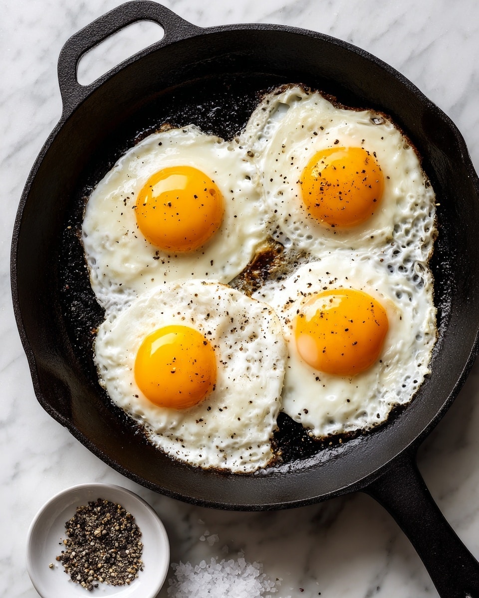 A black cast iron pan holds four fried eggs, each with bright yellow yolks centered in white, slightly crispy edges. The eggs are evenly spaced in the pan, with a few small black pepper specks on top. The pan rests on a white marbled surface, and below it, there is a small white bowl filled with coarse salt and black pepper. The scene is simple with a clean, bright background that highlights the colors and textures of the eggs and seasoning. photo taken with an iphone --ar 4:5 --v 7