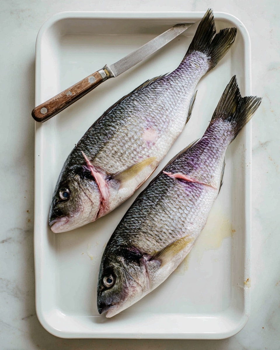 Two whole fresh fish with silver and gray scales lie side by side on a white tray with a white marbled surface underneath. Both fish have three deep diagonal cuts on their bodies, showing the pinkish flesh inside. On the right, a knife with a wooden handle is making a cut on the back of the fish near the tail. The fish have dark fins and slightly open mouths with round black eyes. The scene is simple and clean, focused on the fish and knife. photo taken with an iphone --ar 4:5 --v 7