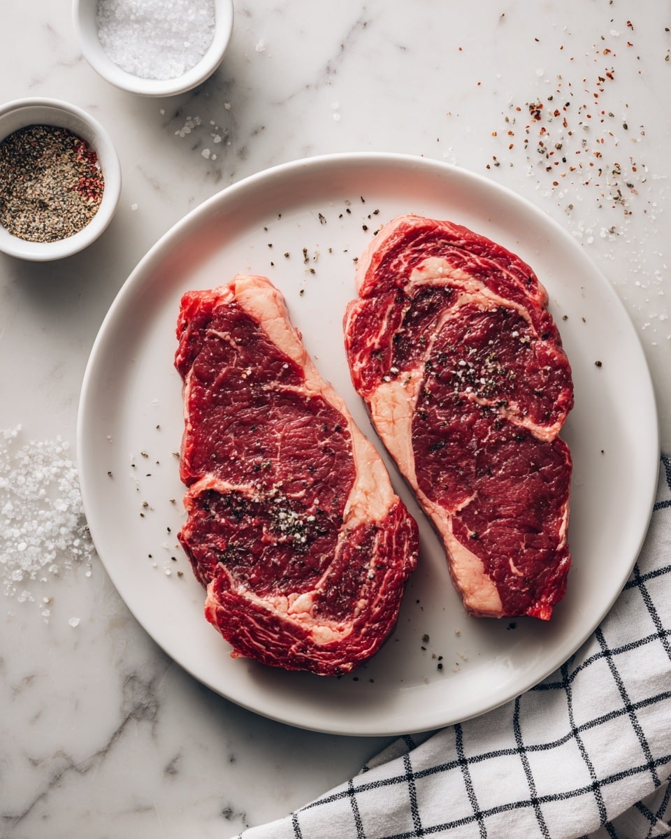 Two raw ribeye steaks are placed side by side on a round white plate. The steaks have a deep red color with visible white marbling and a light layer of fat around the edges. Both steaks are sprinkled with coarse black pepper and light salt crystals. The plate sits on a white marbled surface with small scattered pepper and salt granules around it. In the upper left corner, there are small white bowls with seasoning powders partially visible. A white and black checkered cloth is faintly seen on the bottom right corner. Photo taken with an iphone --ar 4:5 --v 7