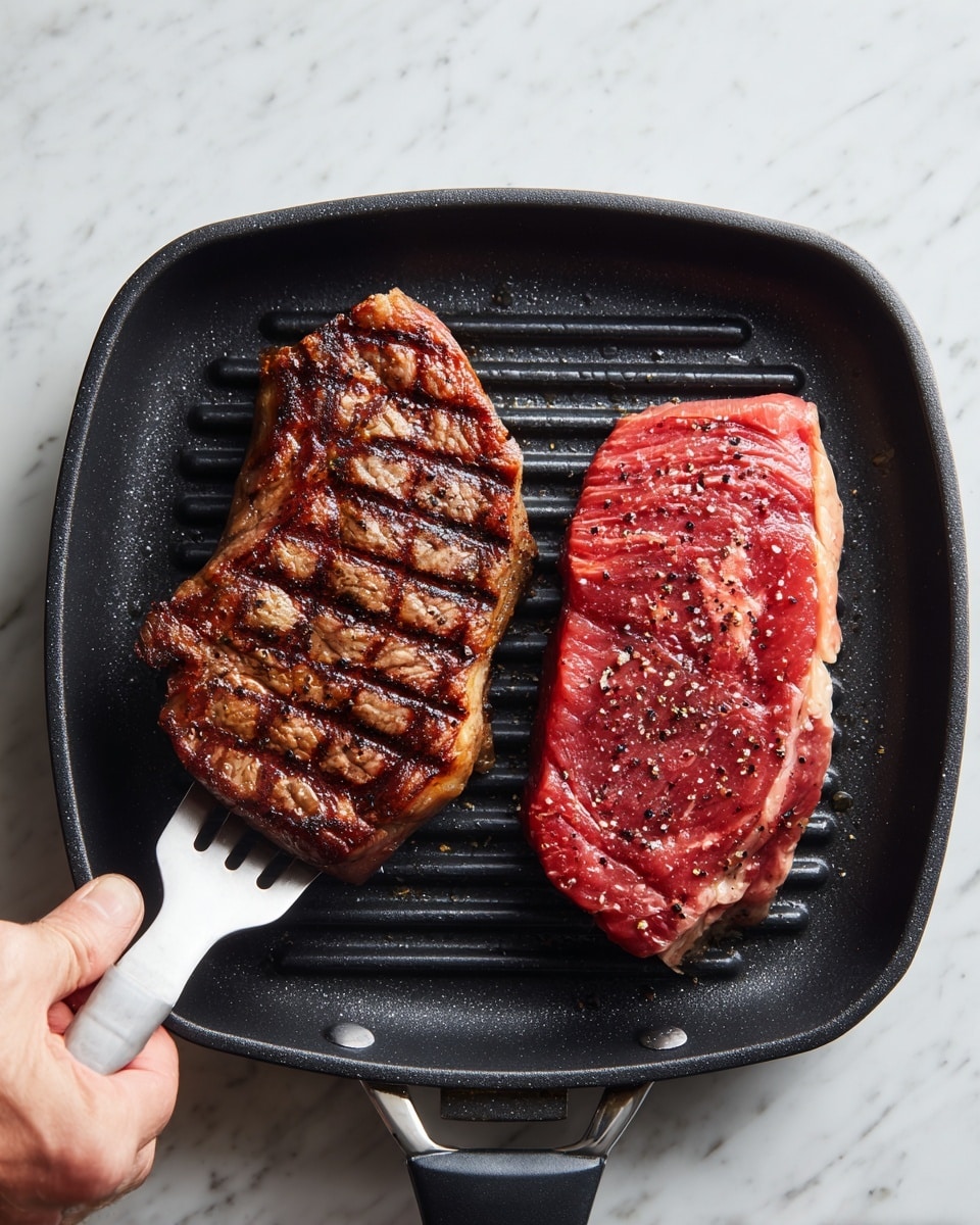 The image shows a close-up of a black ridged grill pan on a white marbled surface with two thick steaks side by side. The steak on the left is cooked, showing dark brown grill marks in a crisscross pattern and a slightly charred texture with a reddish-brown color. The steak on the right is raw, displaying bright red meat with white fat marbling and a light sprinkle of black pepper. A white tong held by a woman's hand is lifting the cooked steak on the left. photo taken with an iphone --ar 4:5 --v 7