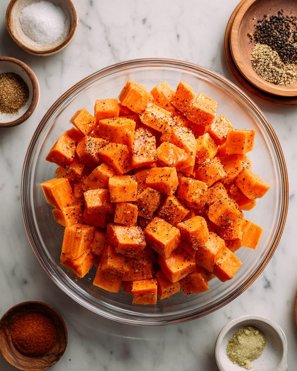 A clear glass bowl is filled with many small orange cubes of sweet potato, seasoned with black pepper and light brown spices evenly spread on each piece. The bowl sits on a white marbled surface, with small bowls containing spices placed around it, showing a simple and clean preparation scene. photo taken with an iphone --ar 4:5 --v 7
