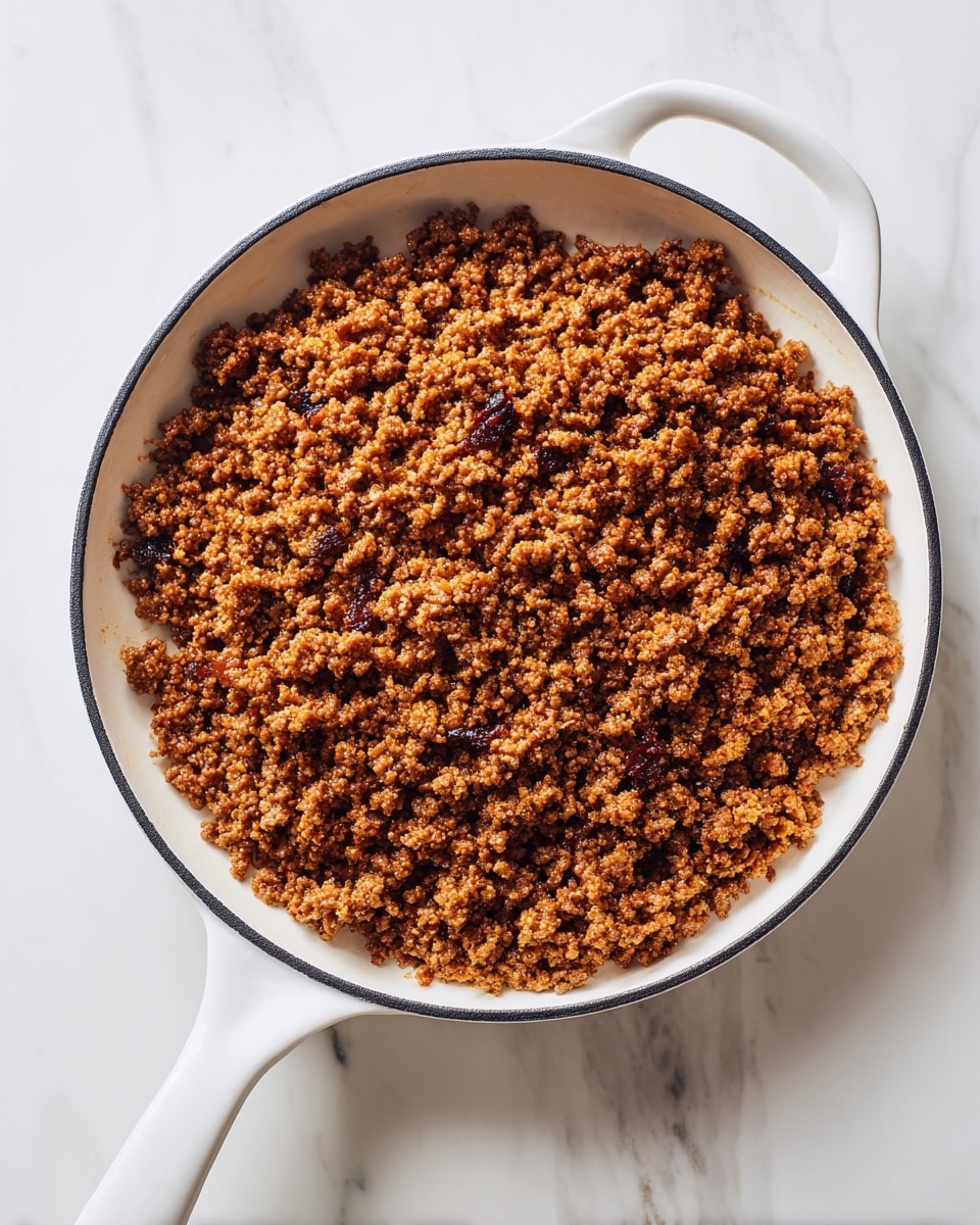 A close-up top view of a white handled black cast iron skillet filled with one layer of browned cooked ground meat with a crumbly texture, spread evenly across the pan. The meat shows different shades of brown and some small darker crisp bits, sitting on a white marbled textured surface. Photo taken with an iphone --ar 4:5 --v 7