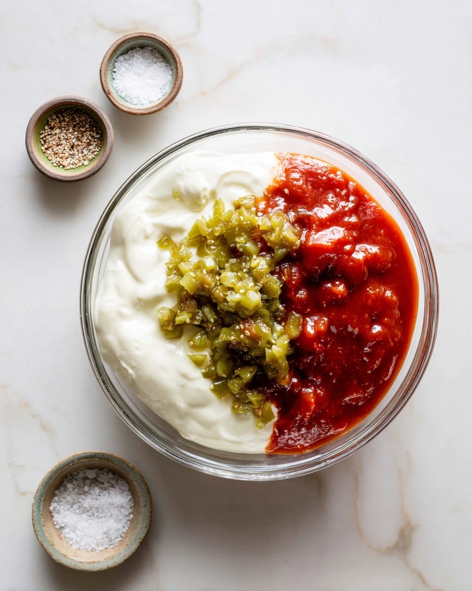 In a clear glass bowl on a white marbled surface, there are three main layers of ingredients sitting side by side: a thick white creamy layer covering the base and center, a bright red smooth sauce piled on the right side, and a chunky green relish with visible small pieces on the left side. The bowl is round and transparent, showing the distinct colors and textures of the ingredients clearly. Near the bowl, small dishes with coarse salt and sauce are placed on the white marbled texture. Photo taken with an iphone --ar 4:5 --v 7