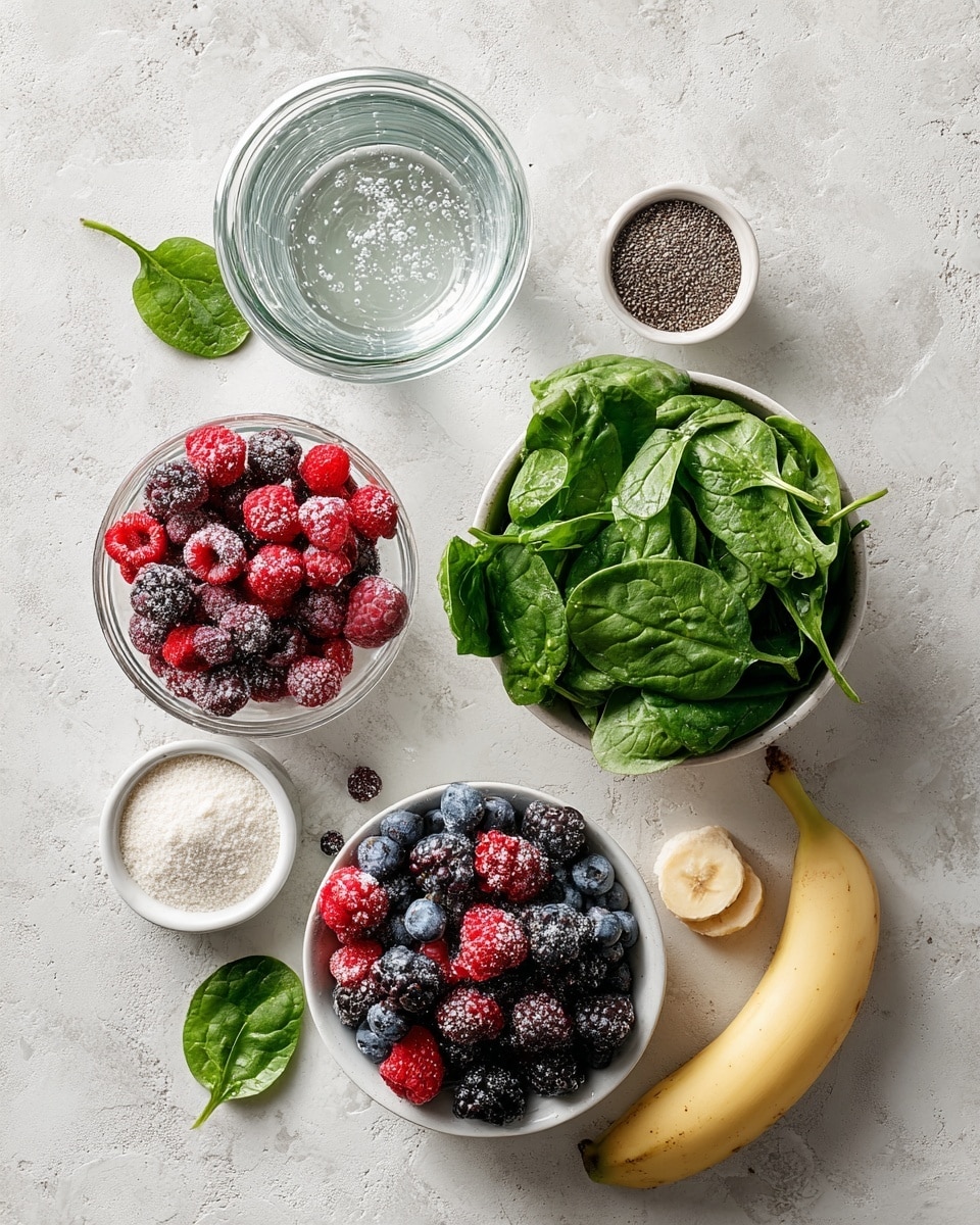 The image shows a clear blender jar on a black blender base against a white marbled background. On the left side, the jar contains distinct layers of fresh ingredients: at the bottom, a thick bed of dark green spinach leaves, followed by a mix of dark blue blueberries, bright red strawberries, and a few blackberries, with chunks of a pale yellow banana on top. On the right side, the same blender jar is filled with a smooth, light brown smoothie that looks creamy and well blended, with some foam and small bubbles near the top. The blender has a shiny black and silver front with buttons and a knob in the center. photo taken with an iphone --ar 4:5 --v 7