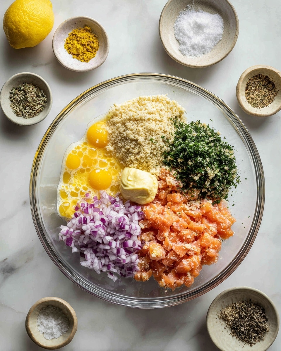 A clear glass bowl sits on a white marbled surface, holding several distinct ingredients in separate piles. The bottom left has a layer of beaten eggs, bright yellow with bubbles. Above the eggs, light beige breadcrumbs are piled, and next to them is a mound of finely chopped green herbs. To the right of the herbs is a pile of finely diced purple-red onions. The bottom right half of the bowl holds bright orange, finely chopped raw salmon pieces. On top of the salmon, there is a dollop of pale yellow mustard, and nearby are small piles of minced garlic, white salt, and black pepper. Around the bowl are small dishes containing leftover mustard and spices, with part of a lemon visible at the top left. Photo taken with an iphone --ar 4:5 --v 7