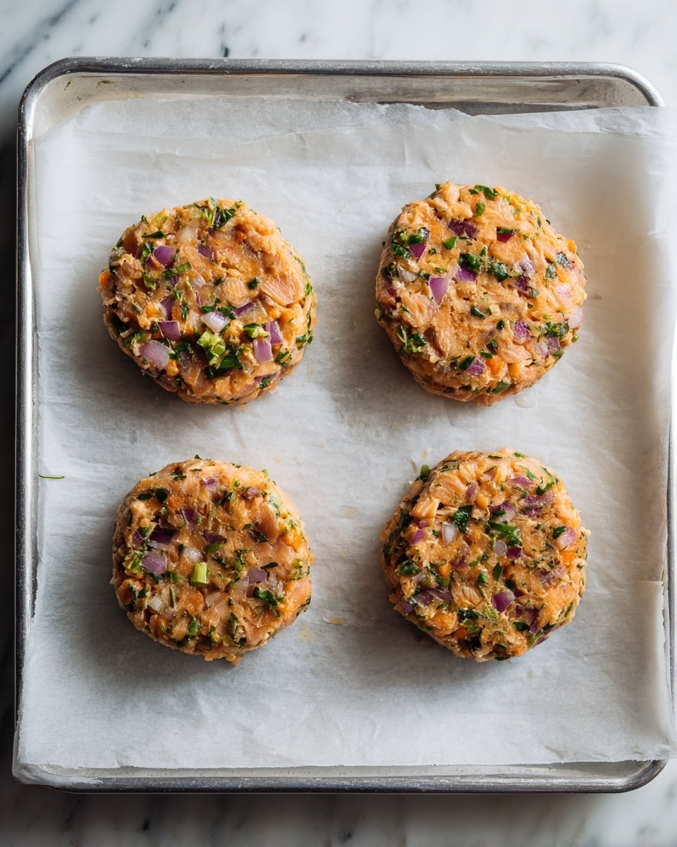 Four uncooked salmon patties rest evenly spaced on white parchment paper, which lies on a silver metal tray. Each patty is round and thick, with a rough texture showing chunks of bright orange salmon mixed with small pieces of purple onion and green herbs. The colors are vibrant, with the orange of the fish contrasting against the bits of purple and green mixed inside. The background is a white marbled surface. Photo taken with an iphone --ar 4:5 --v 7