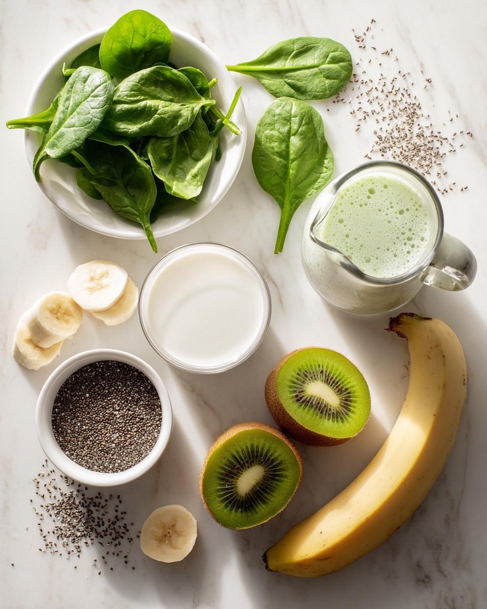 The image shows two side-by-side views of a black Vitamix blender on a white marbled surface with a white textured wall background. On the left, the blender jar is clear and contains visible layers of ingredients: a green leafy layer at the bottom, green sliced pieces, white liquid being poured from above, and a large banana piece on top. On the right, the blender jar is filled with a smooth, light green blended mixture, showing no layers, just a thick texture. The blender base has a digital panel with buttons and a central dial. photo taken with an iphone --ar 4:5 --v 7
