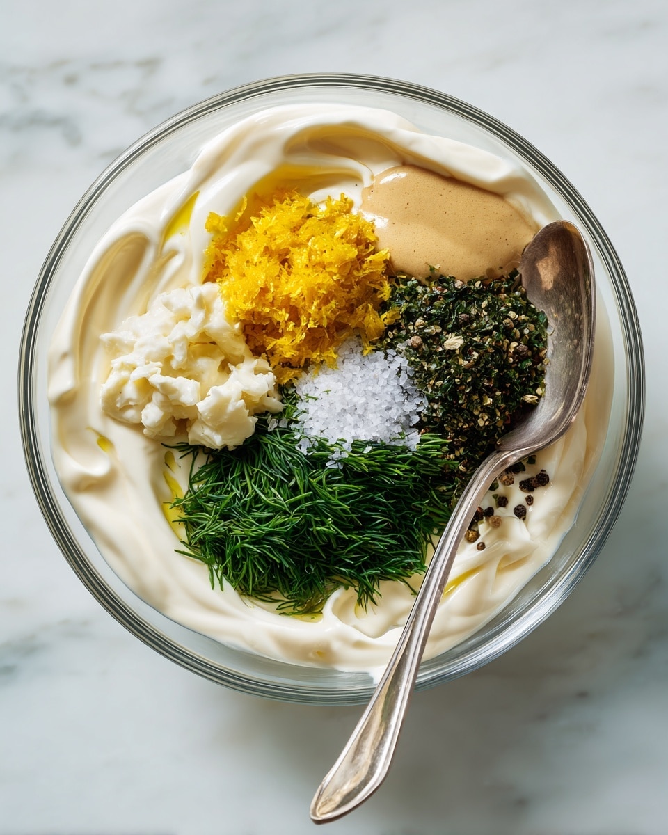 A clear glass bowl placed on a white marbled surface holds several separated ingredients arranged in distinct groups. The bottom layer is smooth, white mayonnaise forming a soft base. On the left side, there is finely chopped garlic in creamy white tones. Above it is a small heap of bright yellow lemon zest with a slightly coarse texture. In the middle, a dollop of smooth, light brown mustard sits next to pale yellow lemon juice pooling around the ingredients. On the right side, there is a dense pile of dark green chopped dill with a feathery texture. Finally, a small mound of white granulated salt and some coarse black pepper sit near the dill on the mayonnaise base. A silver spoon lies nearby on the white marbled surface. photo taken with an iphone --ar 4:5 --v 7