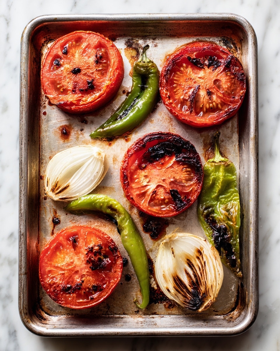 A silver metal sheet holds six roasted tomato halves with dark charred spots on their red wrinkled skin, two green chili halves showing slightly blackened wrinkled skin, two halves of a white onion with dark burnt edges along the layers, and three pieces of slightly browned roasted garlic cloves; all ingredients are spaced apart on the tray against a white marbled background photo taken with an iphone --ar 4:5 --v 7