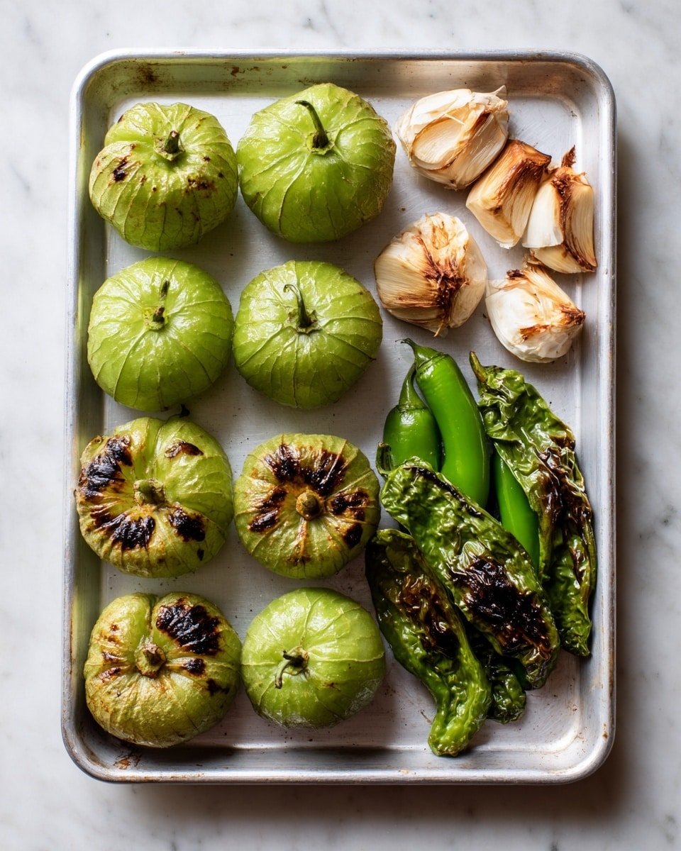 A white metal tray holds several green tomatillos and some green chili peppers, all showing charred black spots from roasting. The tomatillos are whole, with shiny light green skin and dark burnt patches, arranged in four rows and slightly spaced apart on the left side of the tray. On the right side, there are six pieces of garlic cloves lightly browned and four halves of green chili peppers with dark roasted areas and wrinkled textures, placed in two vertical columns. The white marbled surface can be seen around the tray. photo taken with an iphone --ar 4:5 --v 7