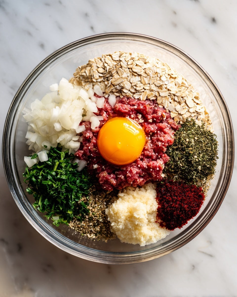 A clear glass bowl sits on a white marbled surface, filled with layers of ingredients before mixing. The bottom layer is light beige oats spread around one side, while in the center is raw ground meat with a deep red color. An unbroken bright orange egg yolk rests on top of the meat. Around the meat, there are finely chopped white onions on one side and minced garlic next to it. Fresh green chopped herbs are piled on the opposite side. Dark green dried herbs, white salt, black pepper, and a deep red sauce are also layered on top of the meat, creating a colorful mix of textures and colors in the bowl. photo taken with an iphone --ar 4:5 --v 7