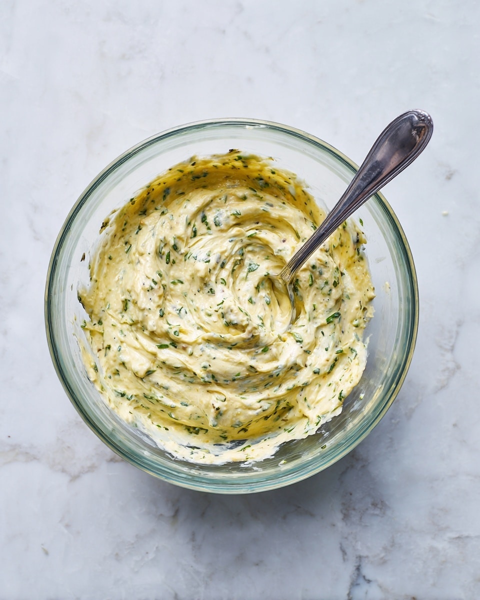A clear glass bowl holds a creamy mix with light yellow and green colors from small leafy pieces spread evenly throughout. The mix shows thick texture with visible herb bits and is swirled in a circular pattern around the center. A shiny silver spoon rests inside the bowl, placed toward the right side, partially dipped in the mixture with its handle extending outward. The bowl sits on a white marbled surface with subtle gray veins, adding a clean and soft background. photo taken with an iphone --ar 4:5 --v 7