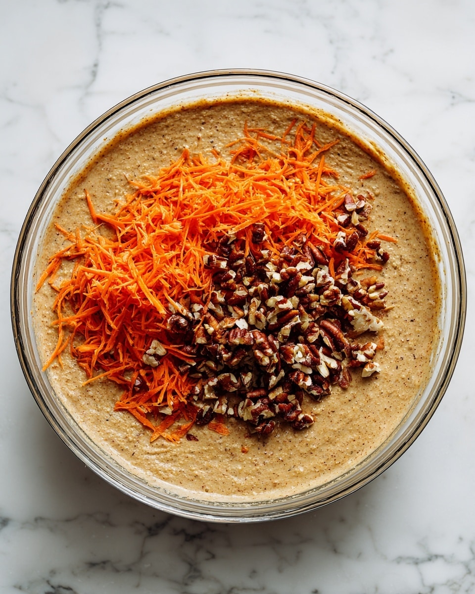 A clear glass bowl sits on a white marbled surface, filled with a thick, light brown batter spread evenly to cover the bottom. On the top, there are two piles of bright orange shredded carrots positioned slightly off-center, and a smaller heap of chopped pecans with dark brown edges mixed with cream-colored nut pieces, resting between the carrot piles. The texture of the batter looks smooth yet dense, contrasting with the fine shredded texture of the carrots and the rough, chunky texture of the pecans. photo taken with an iphone --ar 4:5 --v 7