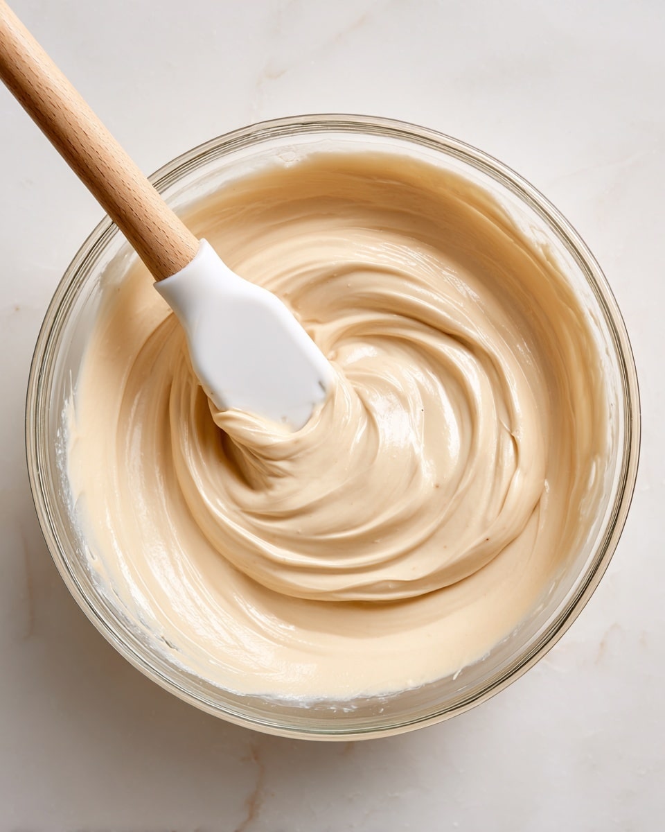 A clear glass bowl filled with a smooth, creamy mixture that is light beige in color fills the frame. A white spatula with a wooden handle is partially dipped into the cream on the right side, creating a swirl pattern in the mixture. The bowl sits on a white marbled surface, enhancing the soft texture and neutral tone of the cream inside. The overall image has a fresh and clean look. photo taken with an iphone --ar 4:5 --v 7