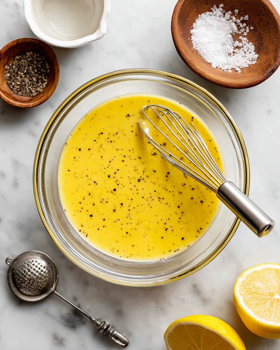 A clear glass bowl is filled with a smooth, bright yellow lemon dressing that has small black pepper specks visible throughout. A metal whisk is partly dipped in the dressing on the right side of the bowl. Around the main bowl, there is a smaller brown bowl with coarse salt and black pepper, and a white cup with light dressing residue inside. A half lemon and a metal citrus juicer are placed near the bottom of the scene, all set on a white marbled surface photo taken with an iphone --ar 4:5 --v 7
