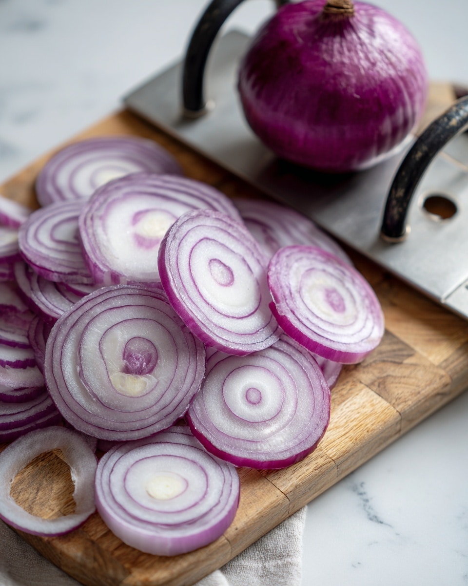 A close-up image shows a whole purple onion placed on a metal slicer with black handles. Below the slicer, thin round slices of purple onion with white and purple rings are spread out on a wooden chopping board. The wooden board has a natural square pattern and is over a white marbled surface. The onion slices show different shades of purple and white in thin layers, spread loosely on the chopping board. Photo taken with an iphone --ar 4:5 --v 7
