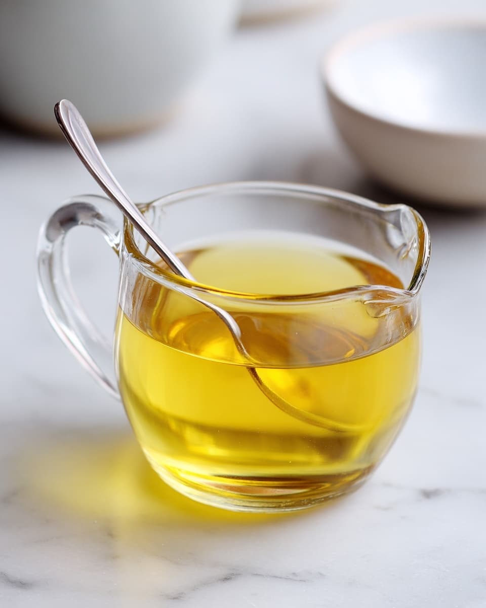 A clear glass measuring cup filled with a light golden yellow liquid, almost three-quarters full, sits on a white marbled surface. Inside the cup is a long, thin, silver spoon leaning against the right side, with its handle resting over the rim. The glass has a simple, smooth design with a small spout on the left and a curved handle on the right. In the blurred background, a partially visible white bowl adds soft shapes without drawing attention away from the cup. The lighting is bright and natural, making the liquid look fresh and translucent. photo taken with an iphone --ar 4:5 --v 7