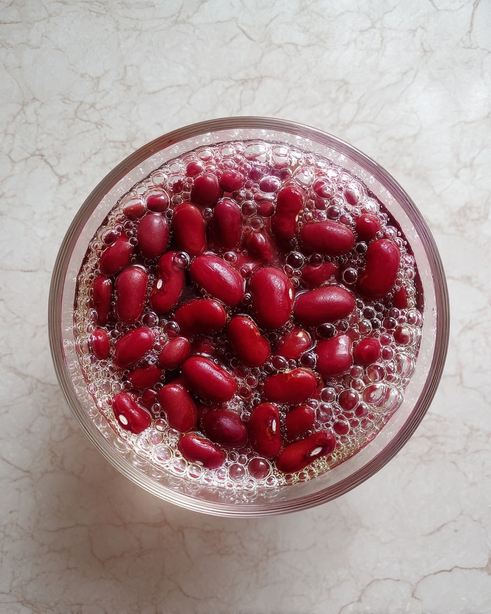 A clear glass bowl filled with three layers: the bottom layer is small red kidney beans, the middle layer is water covering the beans, and the top layer has bubbles floating on the water’s surface, all placed on a white marbled texture background. photo taken with an iphone --ar 4:5 --v 7