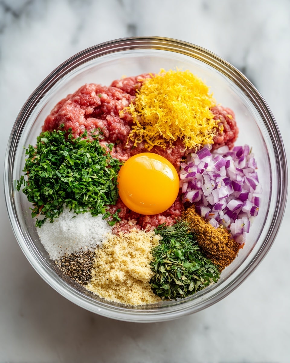 A clear glass bowl holds many separate layers of ingredients arranged in a circle on a white marbled surface. Starting from the left, there is raw ground meat in a soft red color with a smooth, slightly ridged texture. On top of the meat sits a single raw egg yolk, shiny and bright orange. Moving clockwise, next to the egg yolk is a small pile of finely grated yellow lemon zest with a slightly fluffy texture. Then there are two piles of fresh green herbs, one with a darker shade and the other slightly lighter, both finely chopped. Next to the herbs, finely chopped purple onion pieces form a small chunky layer. Beside the onion is a light tan dry breadcrumb layer, soft and crumbly. Scattered over the breadcrumbs are small piles of dried green and brown powdered spices. Finishing the circle near the center are tiny white pieces of minced garlic, and a mix of salt and cracked black pepper on the left side of the bowl. The bowl and ingredients create a colorful, organized pattern. Photo taken with an iphone --ar 4:5 --v 7